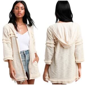 Jack by BB Dakota On the Fringe Ivory Hooded Fringe Jacket Size S 3/4 Sleeve